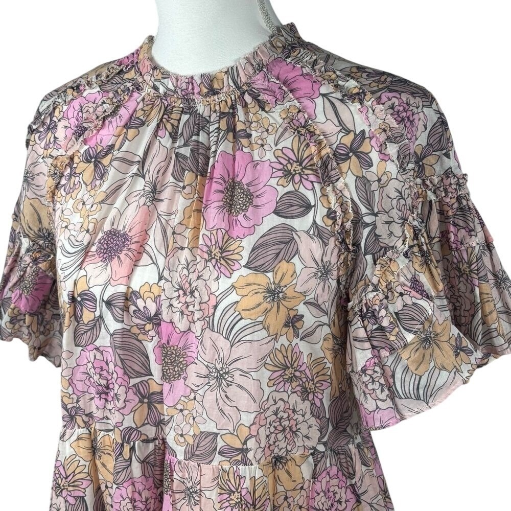 Anthropologie Cottagecore Dress Floral Tiered Ruffle Boho Poppies Lillies Mini S - Picture 8 of 10